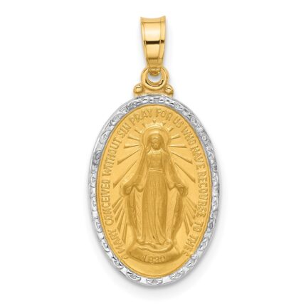 14K and White Rhodium Polished and Satin Solid Miraculous Medal Oval Pendant