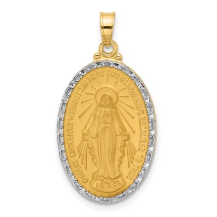 14K and White Rhodium Polished and Satin Solid Miraculous Medal Oval Pendant