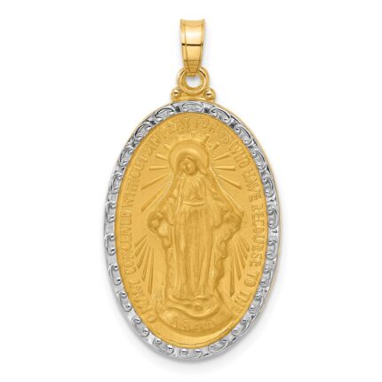 14K and White Rhodium Polished and Satin Solid Miraculous Medal Oval Pendant