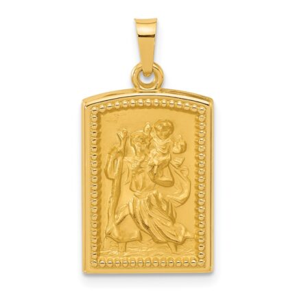 14K Polished and Satin Rectangular Hollow St. Christopher Medal Pendant
