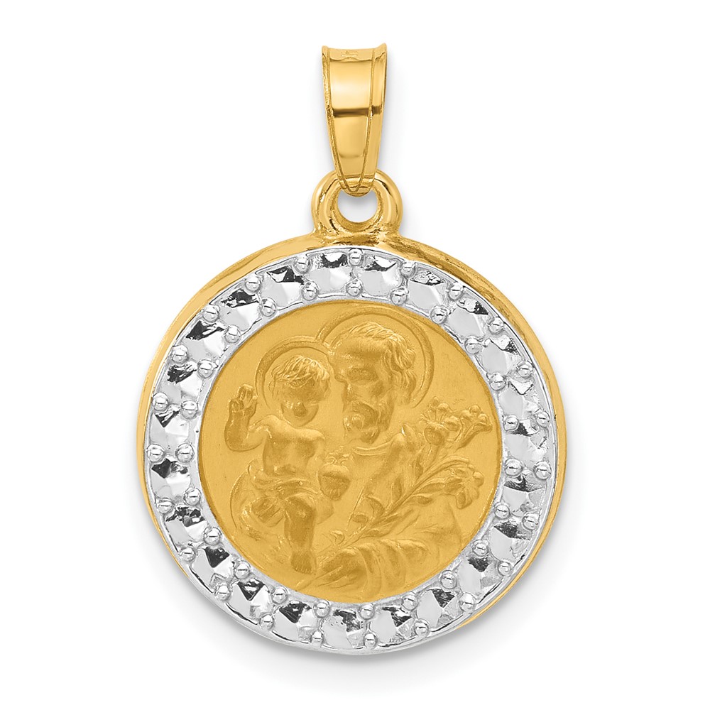XR2143.jpg 14K with White Rhodium Polished and Satin Hollow St. Joseph Medal Round Pendant - Image 1