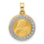 14k with White Rhodium Polished and Satin Hollow St. Theresa Medal Round Pendant