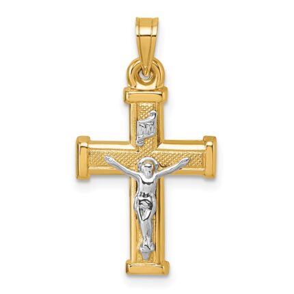 14k with White Rhodium Polished and Textured INRI Crucifix Cross Pendant