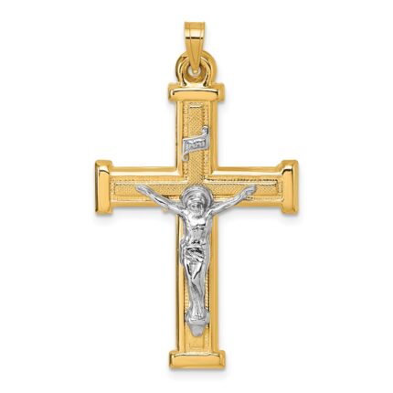 14k with White Rhodium Polished and Textured INRI Crucifix Cross Pendant