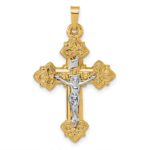 14k with White Rhodium Polished Fleur de Lis INRI Crucifix Cross Pendant