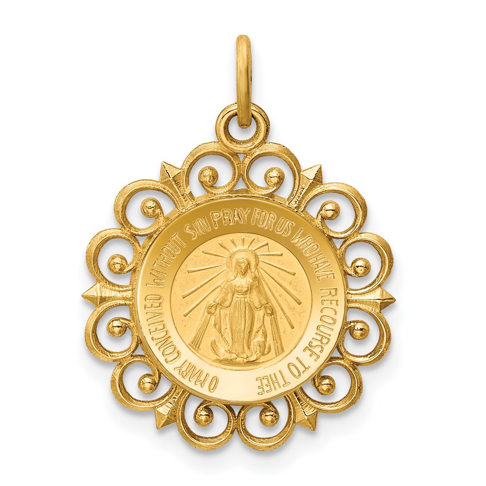 XR330.jpg 14k Polished and Satin Solid Miraculous Medal with Scallop Frame Round Charm - Image 1