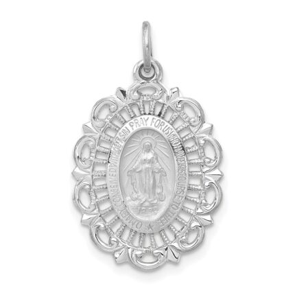 14k White Gold Polished and Satin Solid Miraculous Medal Scalloped Edge Oval Pendant
