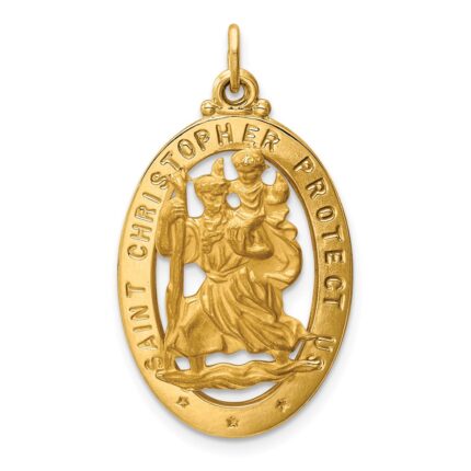 14k Polished and Satin Solid Cut-out Saint Christopher Medal Oval Pendant