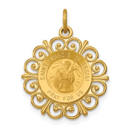 14k Polished and Satin Solid Saint Francis of Assisi Medal Scalloped Edge Round Pendant