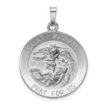 14k White Gold Polished and Satin Solid St. Michael Medal Round Pendant