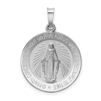 14k White Gold Polished and Satin Solid Miraculous Medal Round Pendant
