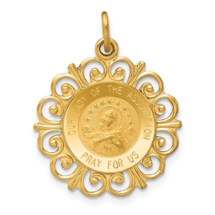 14k Polished and Satin Solid Our Lady Of The Assumption Medal Scalloped Edge Round Pendant