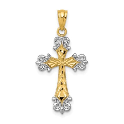 14k and White Rhodium Diamond-cut Fleur de Lis Cross Pendant