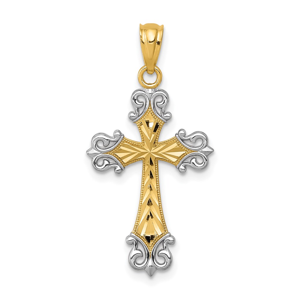 XR917.jpg 14k and White Rhodium Diamond-cut Fleur de Lis Cross Pendant - Image 1