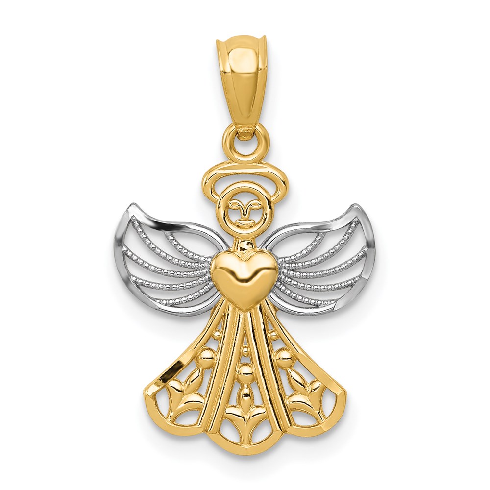XR919.jpg 14K and White Rhodium Filigree Angel with Heart Pendant - Image 1