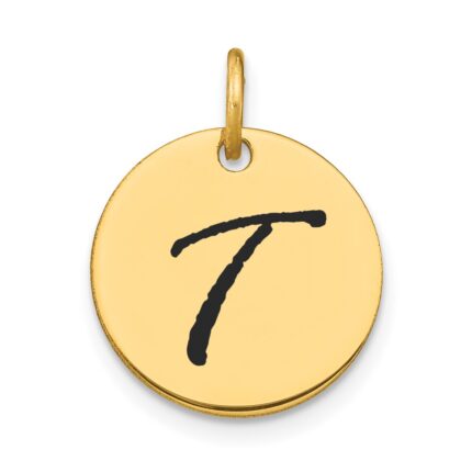 14k Polished Black Enamel Letter T Initial Disk Charm