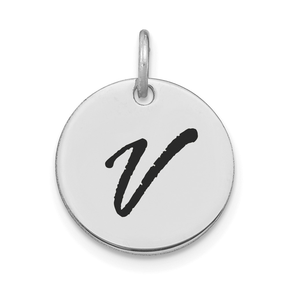 YC1436WV.jpg 14kw Polished Black Enamel Letter V Initial Disk Charm - Image 1