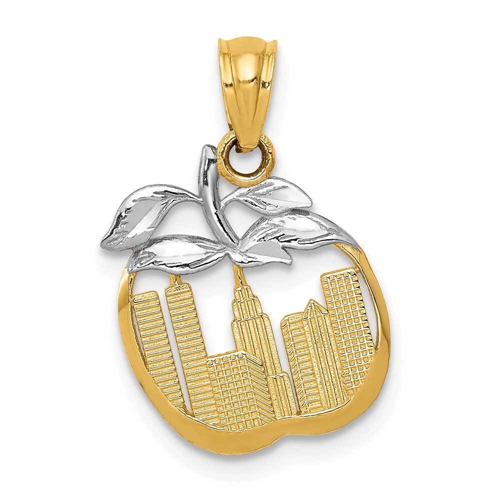 YC498.jpg 14k with White Rhodium Cut-out New York Skyline in Apple Pendant - Image 1