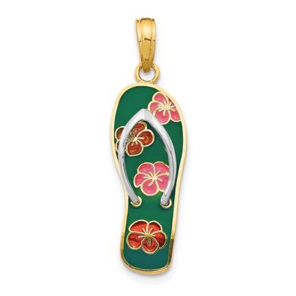 14K and White Rhodium 3-D Enameled Flowers On Green Flip Flop Pendant