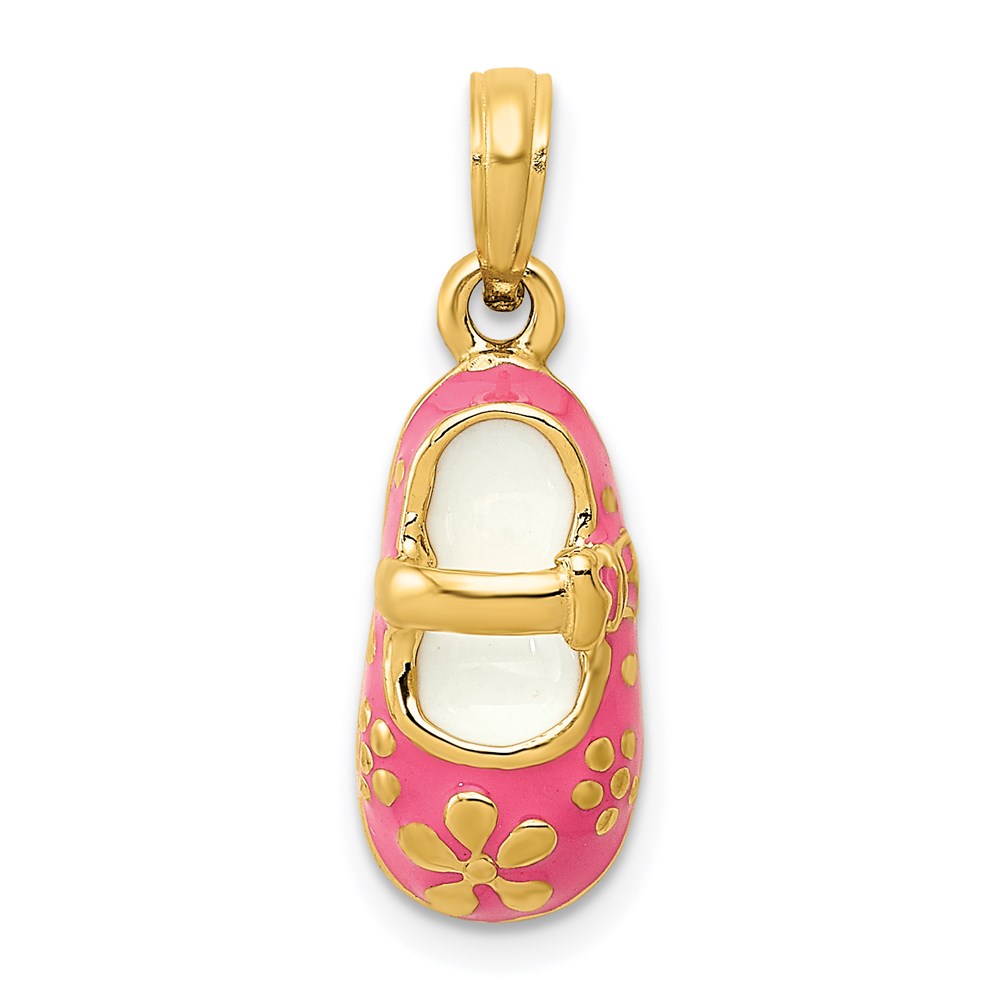 YC807.jpg 14k Pink Enameled 3-D Baby Shoe with Flowers Pendant - Image 1